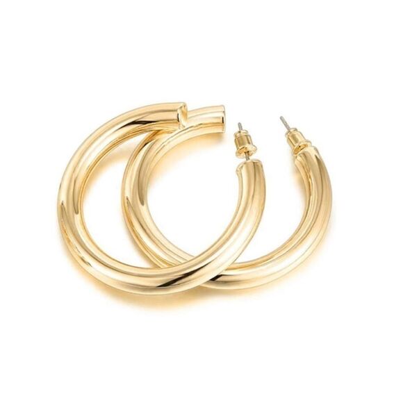 Large 14k Gold Plated Chunky Hoop Earrings 925 Posts - Picture 2 of 3